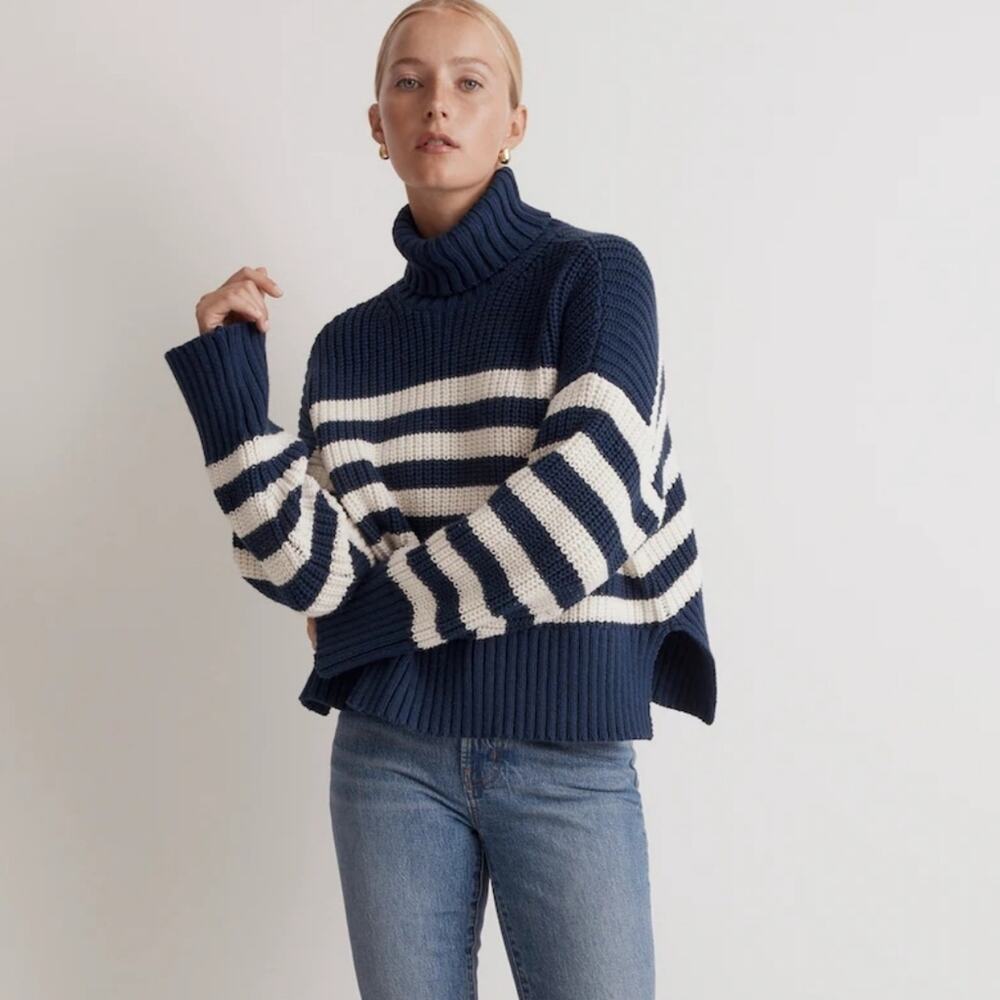 NWT Madewell Blue White Stripe Wide Ribbed Turtleneck Knit Sweater Small